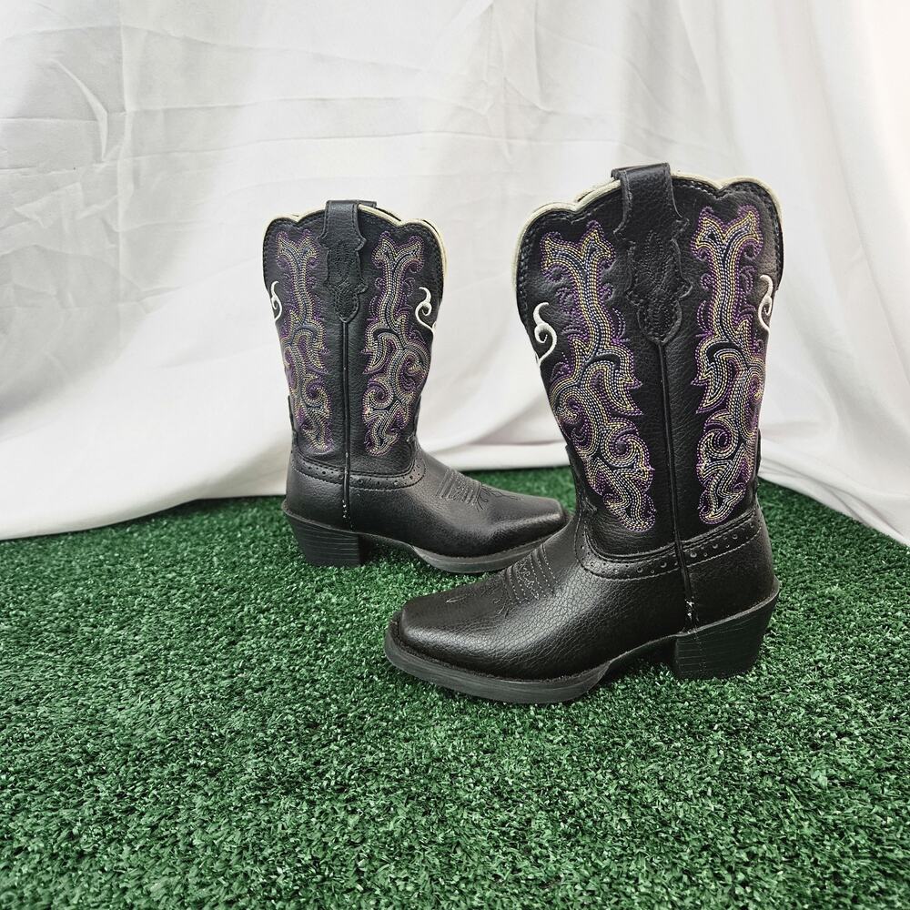 Justin 2554JR Kids 9D Stampede Boot Black Deercow Leather Purple White Stitch